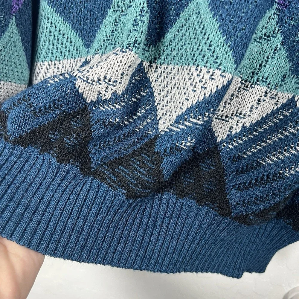 VTG I. Magnin Mens Geometric Print Textured Sweater M Blue Grandpa 90s Funky